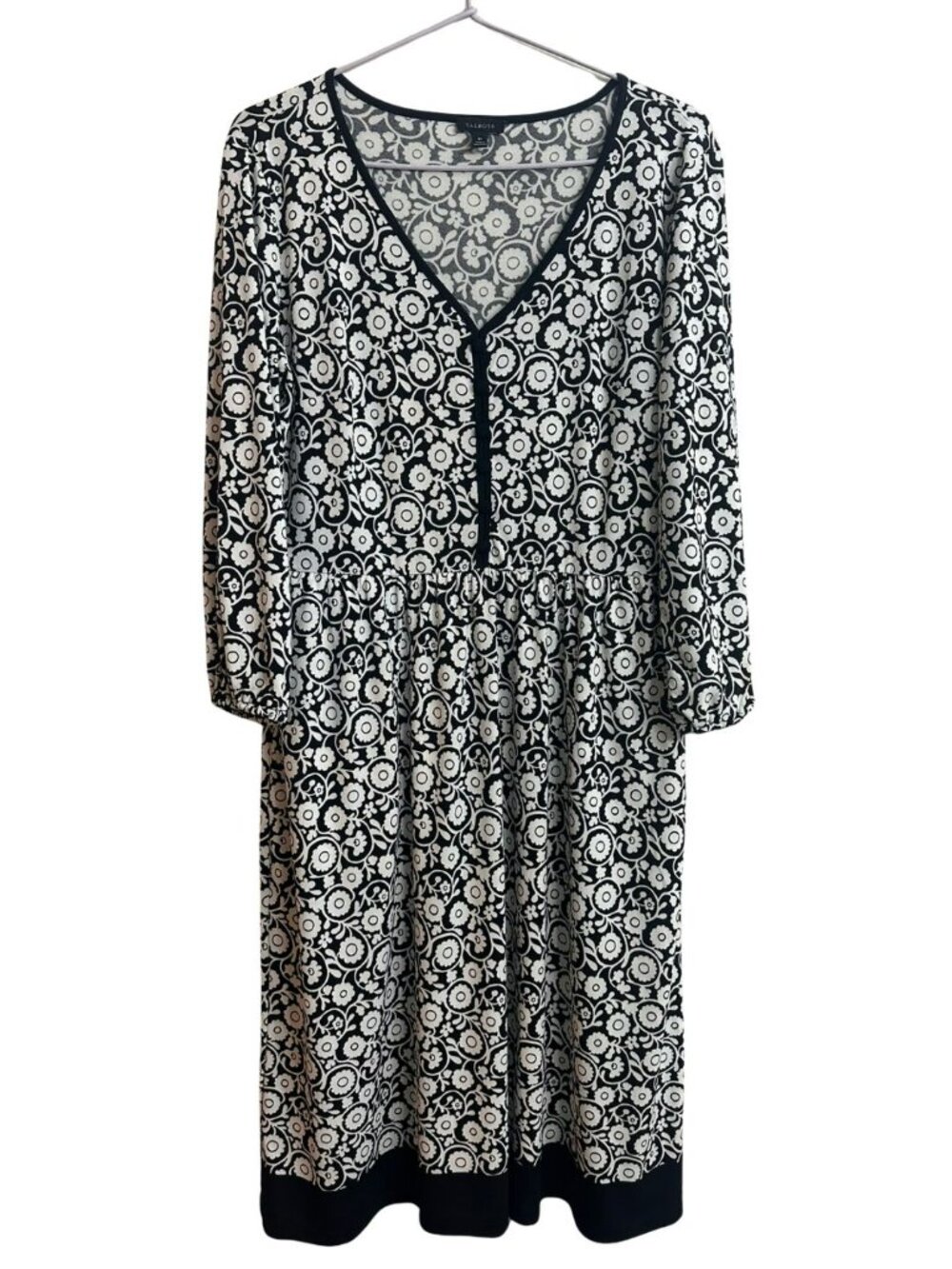 Talbots Black White Floral Knit Sheath Dress Medium Retro Mod Long Sleeve